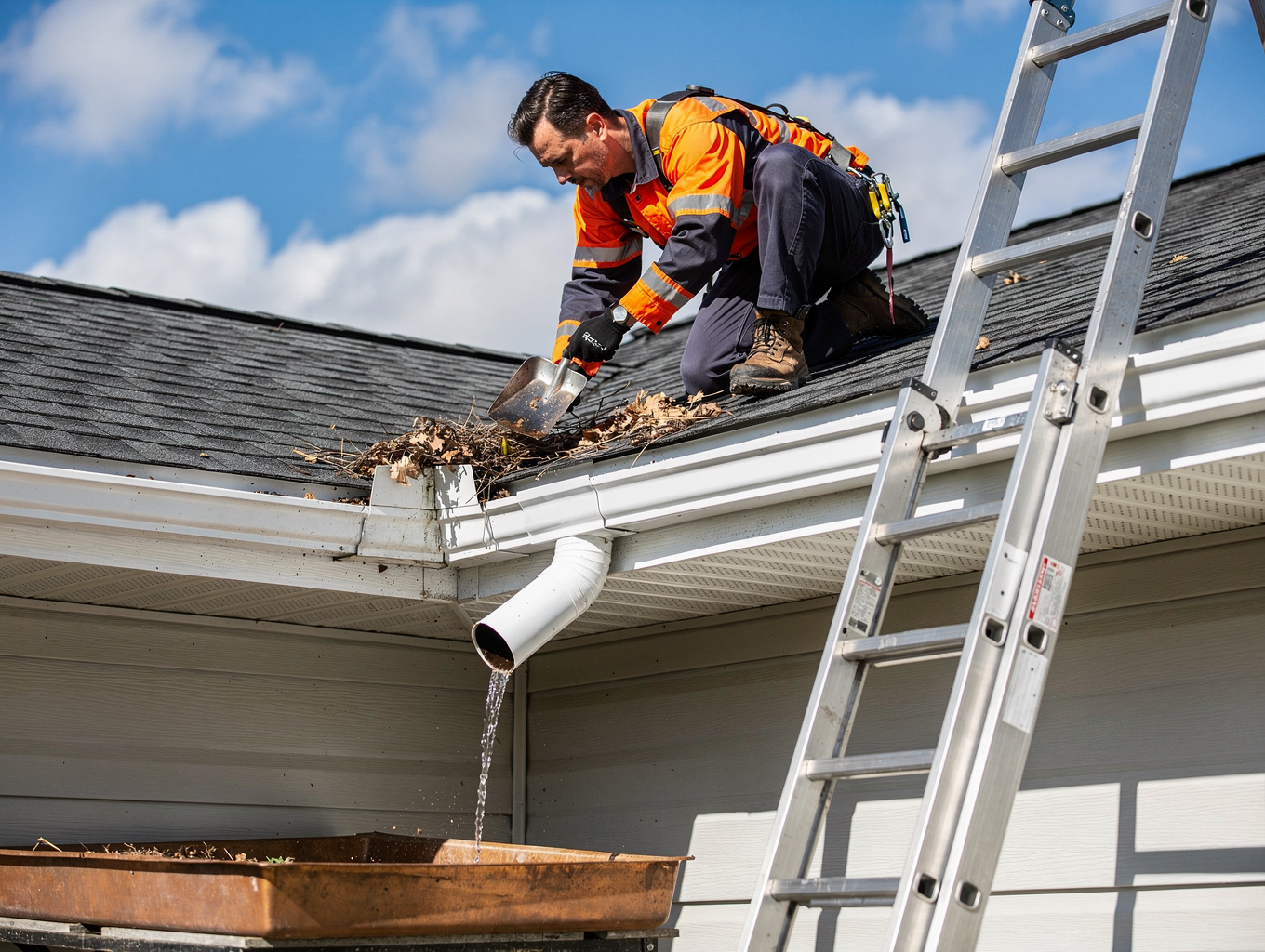 Technician performing residential gutter cleaning safely