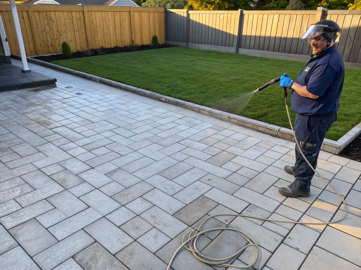 Restored and power washed clean stone patio surface