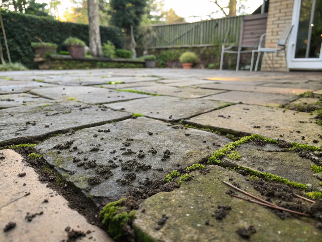 Grimy and algae stained patio surface before pressure washing