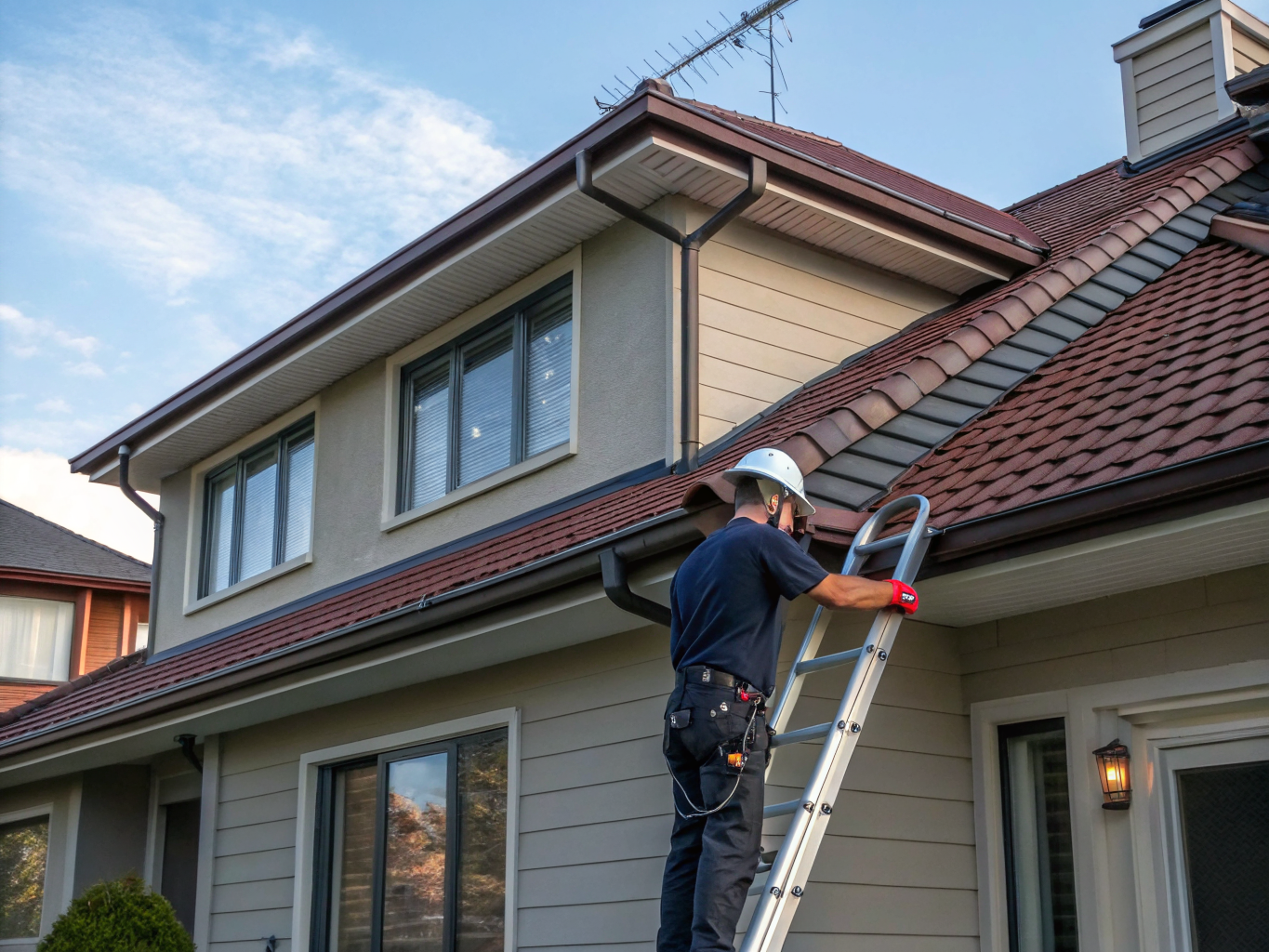 Clean residential roofline and clear gutters on a suburban home